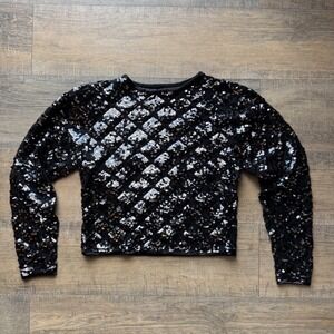 Cathy Hardwick Vintage 100% Wool Sequin Diamond Pattern Top Black Silver Medium